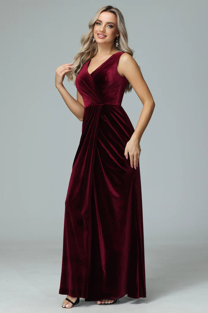 Luxurious Mermaid Deep-V Sleeveless Tie-Back Velvet Floor-Length Bridesmaid Dresses