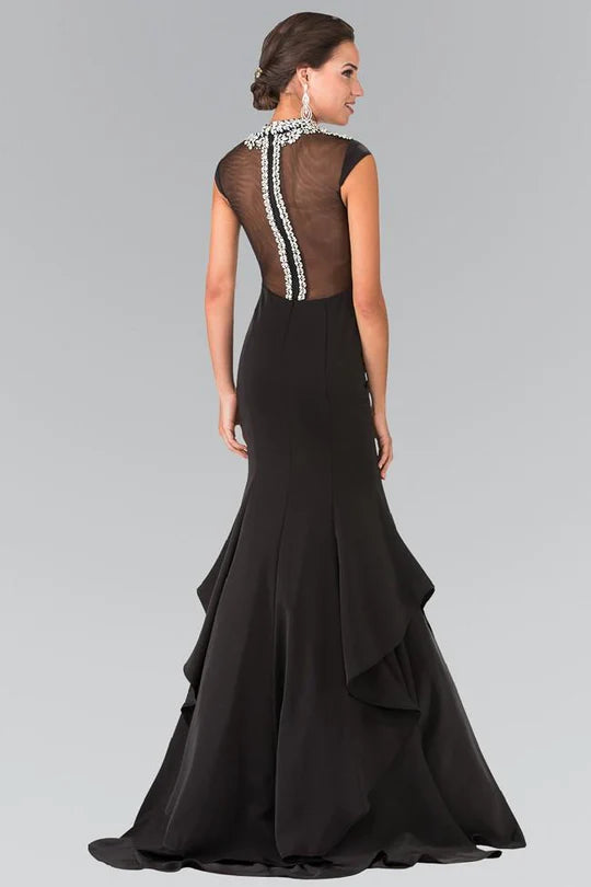 Luxurious Mermaid Illusion-Neck Cap-Sleeve Sheer-Back Black Beaded-Chiffon Floor-Length Mother of the Bride Dresses