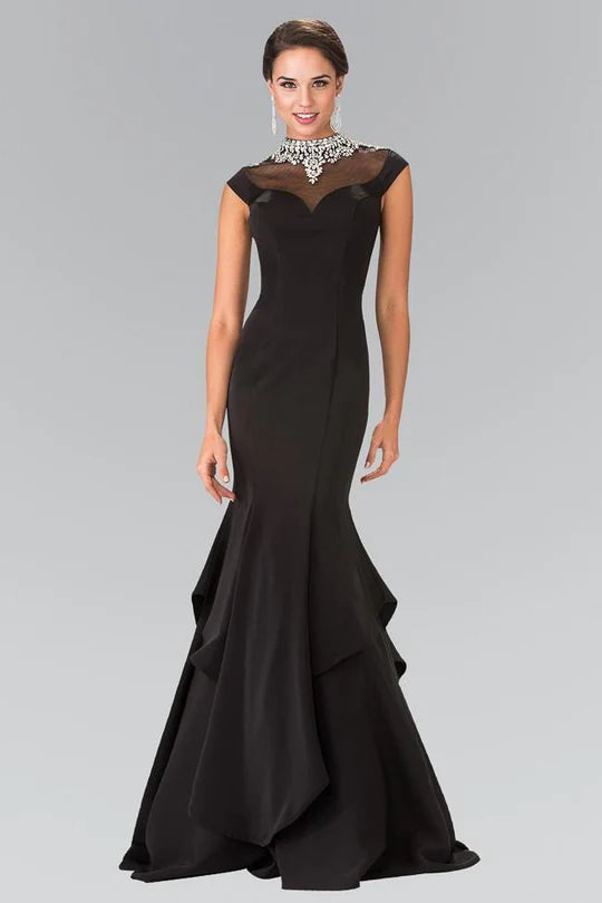 Luxurious Mermaid Illusion-Neck Cap-Sleeve Sheer-Back Black Beaded-Chiffon Floor-Length Mother of the Bride Dresses