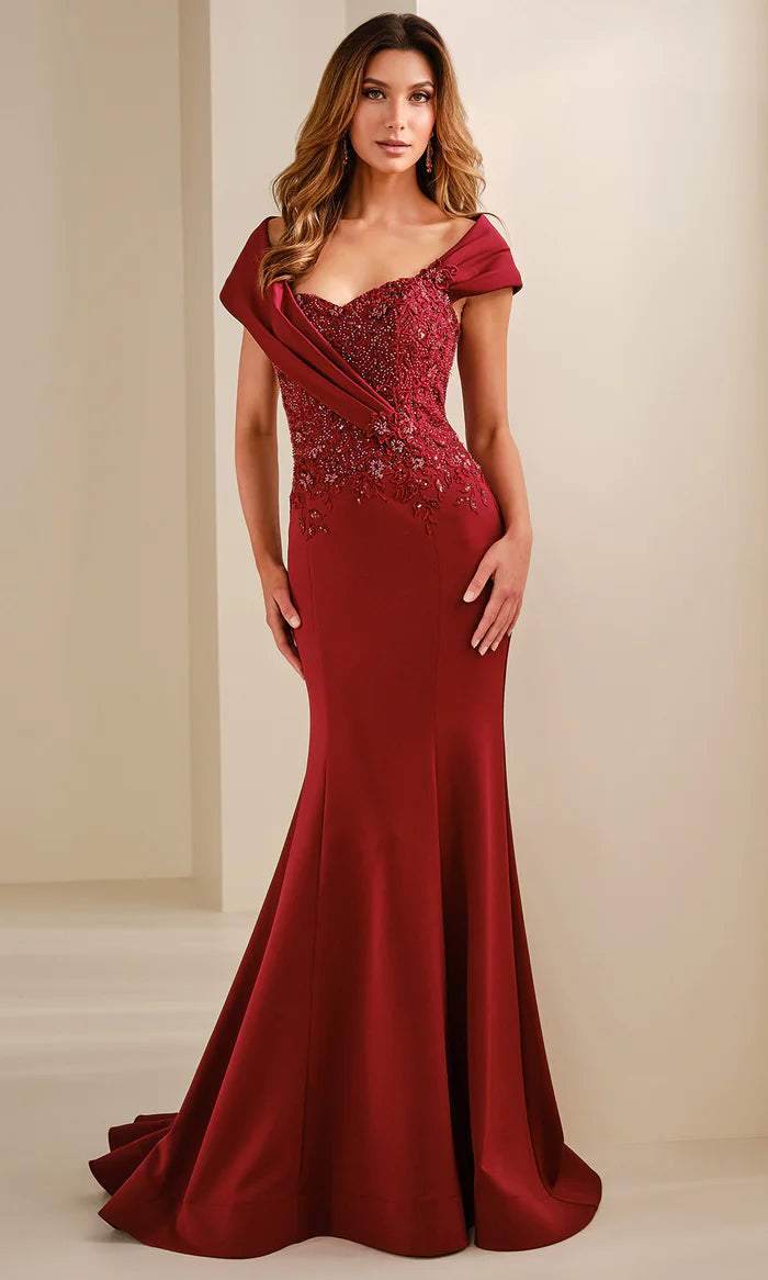 Luxurious Mermaid Off-Shoulder Cap-Sleeve-Zip-Back Burgundy Satin Embellished Floor-Length Mother of the Bride Dresses