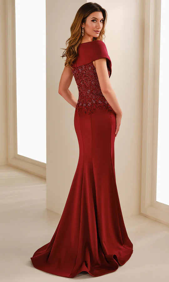 Luxurious Mermaid Off-Shoulder Cap-Sleeve-Zip-Back Burgundy Satin Embellished Floor-Length Mother of the Bride Dresses