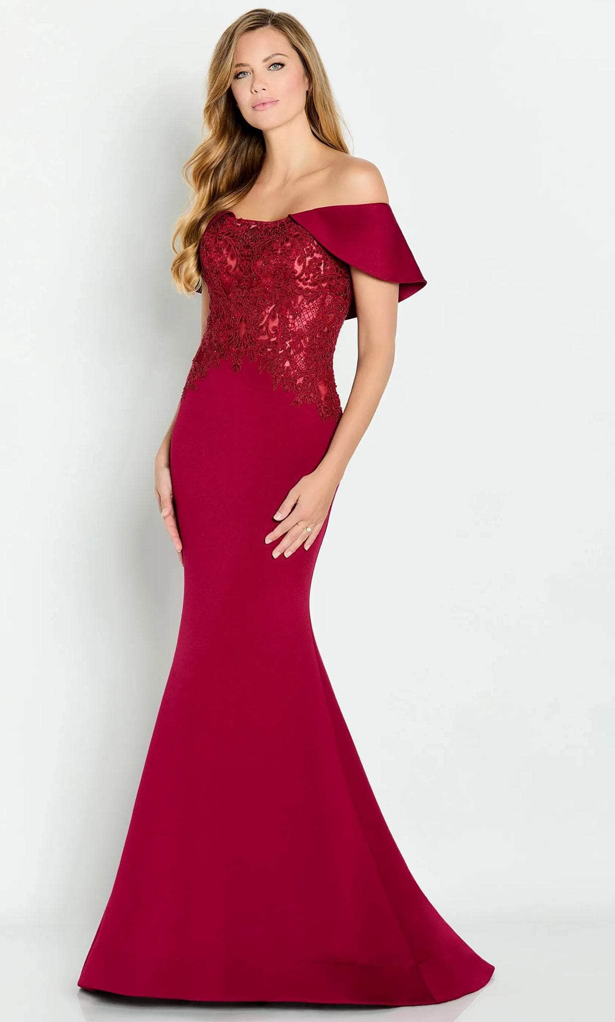 Luxurious Mermaid Off-Shoulder Lace-Bodice Back Burgundy Satin Floor-Length Mother of the Bride Dresses