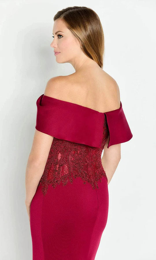 Luxurious Mermaid Off-Shoulder Lace-Bodice Back Burgundy Satin Floor-Length Mother of the Bride Dresses