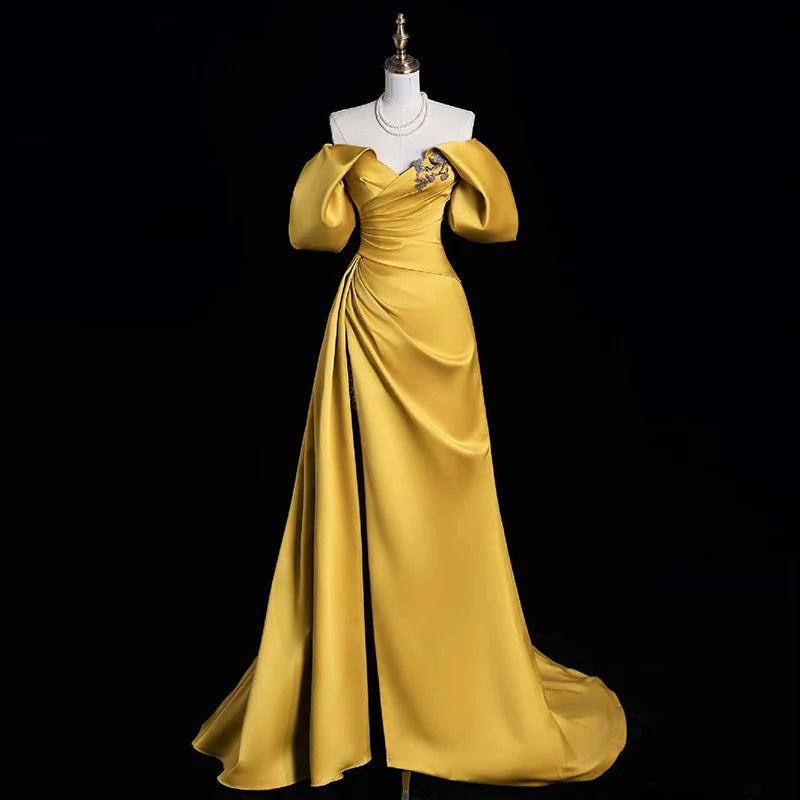 Luxurious Mermaid Off - Shoulder Puff - Sleeve Lace - Up Back Floor - Length Evening Gown