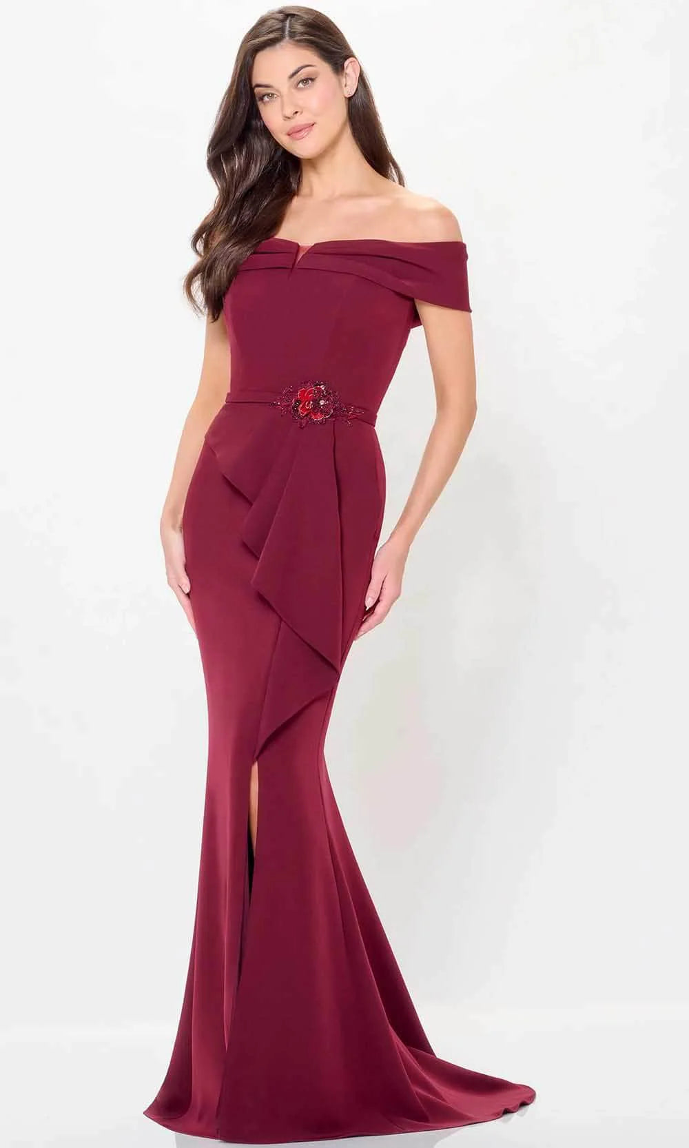 Luxurious Mermaid Off-Shoulder Ruffle-Accent Beaded-Floral-Back Burgundy Satin Floor-Length Mother of the Bride Dresses