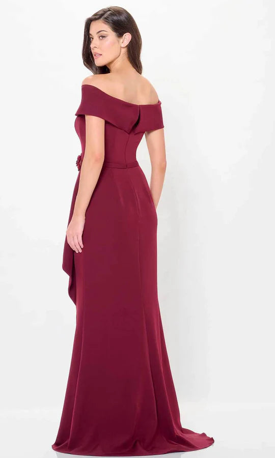 Luxurious Mermaid Off-Shoulder Ruffle-Accent Beaded-Floral-Back Burgundy Satin Floor-Length Mother of the Bride Dresses