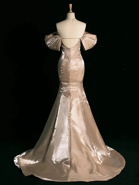 Luxurious Mermaid Off-Shoulder Satin Puff-Sleeve Open-Back Train Length Evening Dresses