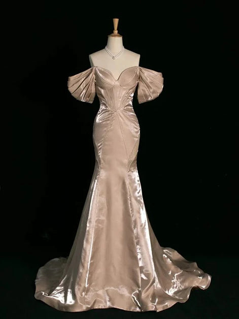 Luxurious Mermaid Off-Shoulder Satin Puff-Sleeve Open-Back Train Length Evening Dresses