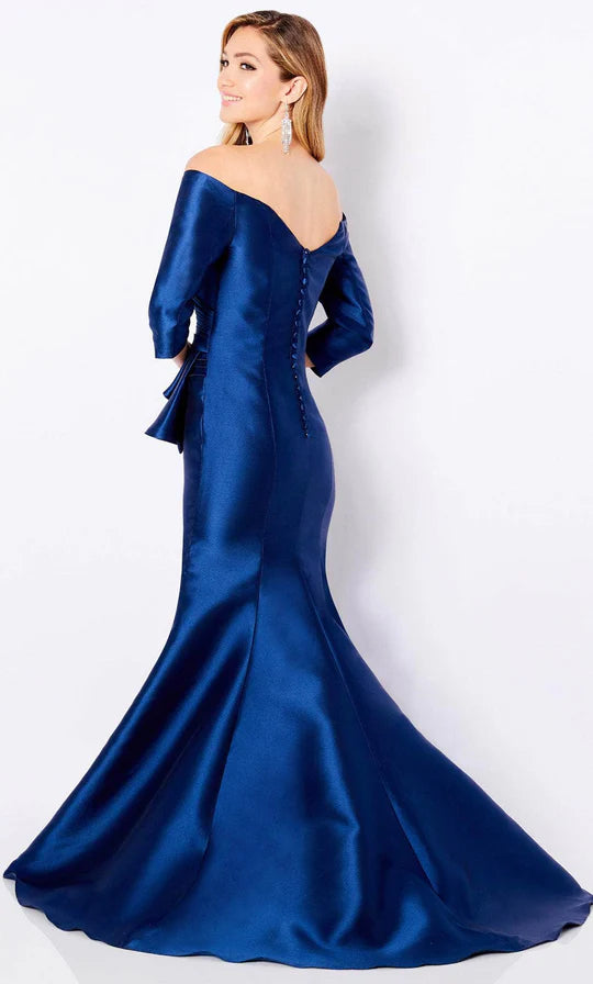 Luxurious Mermaid Off-Shoulder Three-Quarter-Sleeve Ruched-Back Royal Blue Satin Floor-Length Mother of the Bride Dresses