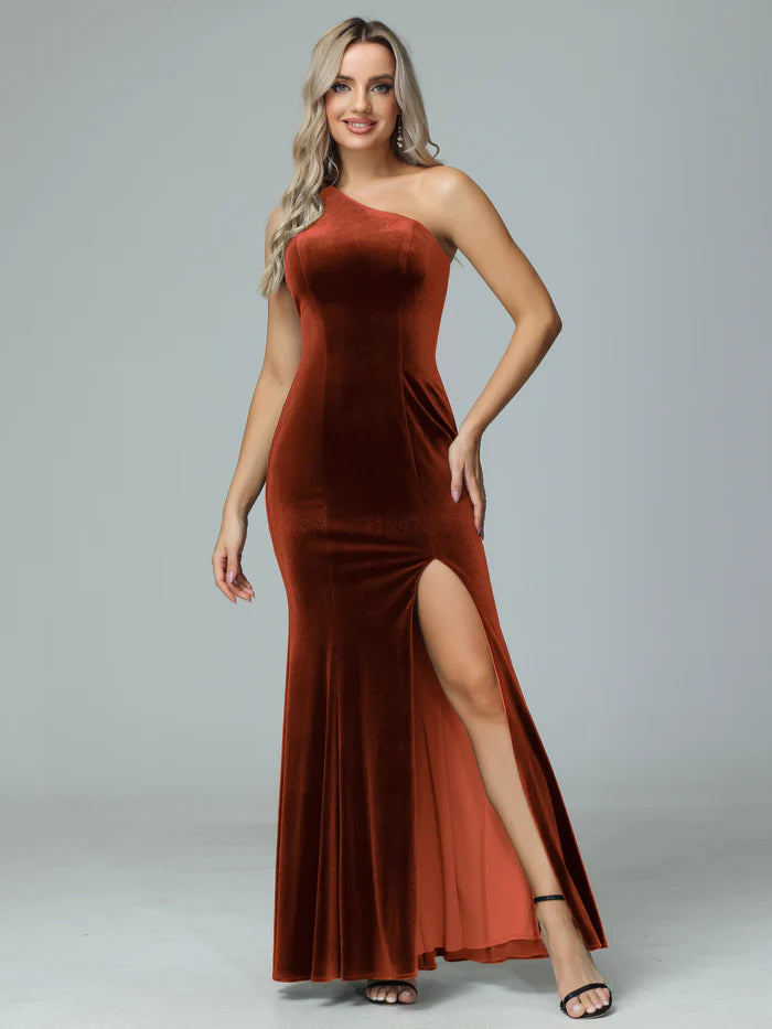 Luxurious Mermaid One-Shoulder Sleeveless Open-Back Rust Velvet Floor-Length Bridesmaid Dresses