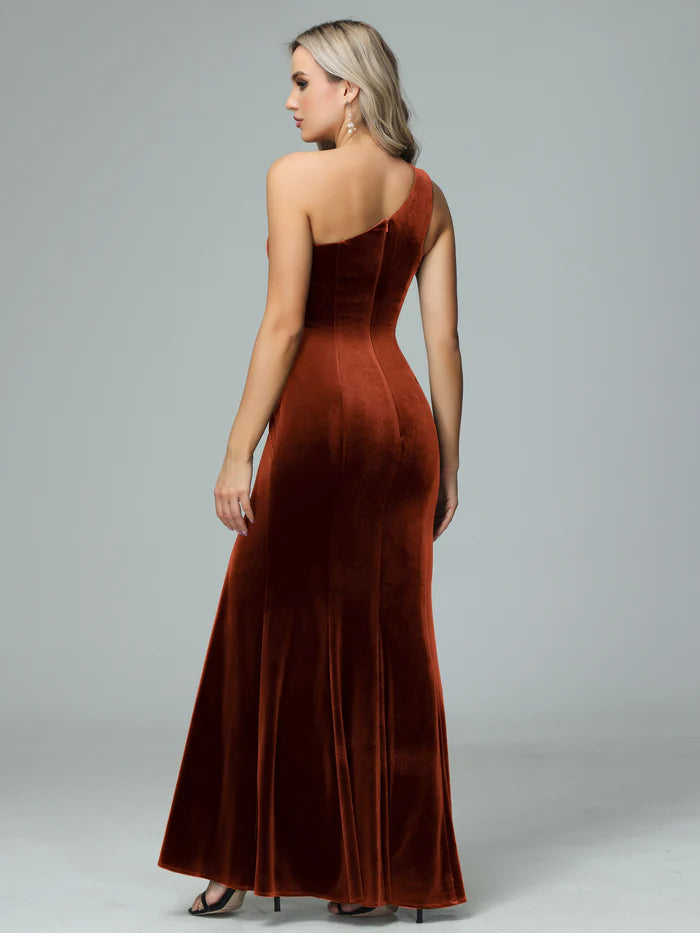 Luxurious Mermaid One-Shoulder Sleeveless Open-Back Rust Velvet Floor-Length Bridesmaid Dresses