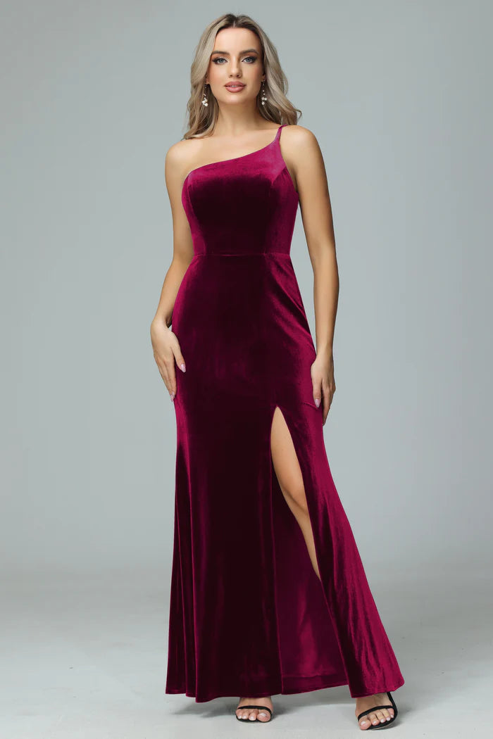 Luxurious Mermaid One-Shoulder Sleeveless Slit-Back Velvet Floor-Length Bridesmaid Dresses