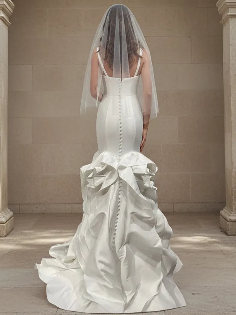 Luxurious Mermaid Spaghetti-Strap Ruffled-Skirt Pearl-Button Back Train Length Wedding Dresses
