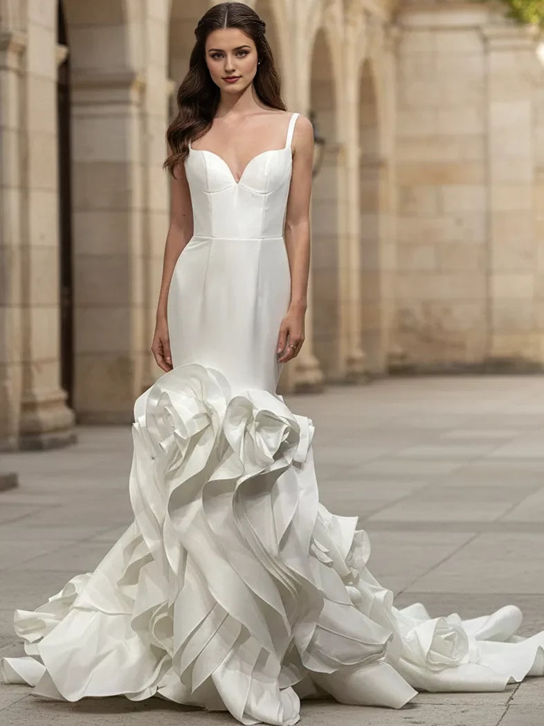Luxurious Mermaid Spaghetti-Strap Ruffled-Skirt Pearl-Button Back Train Length Wedding Dresses