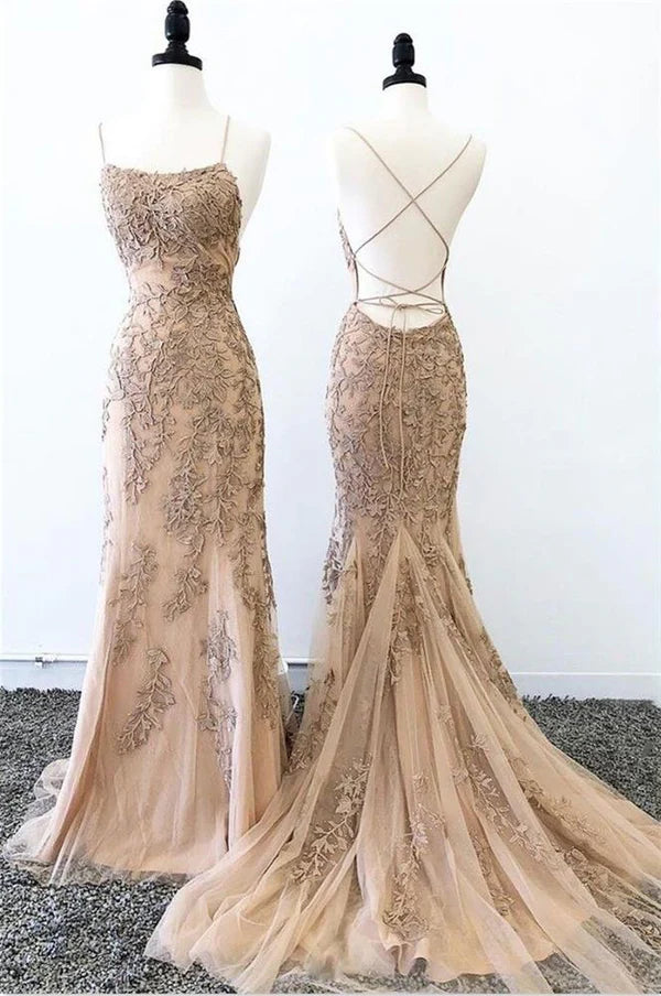 Luxurious Mermaid Square-Neck Lace-Appliqué Cross-Back Train-Length Evening Dresses