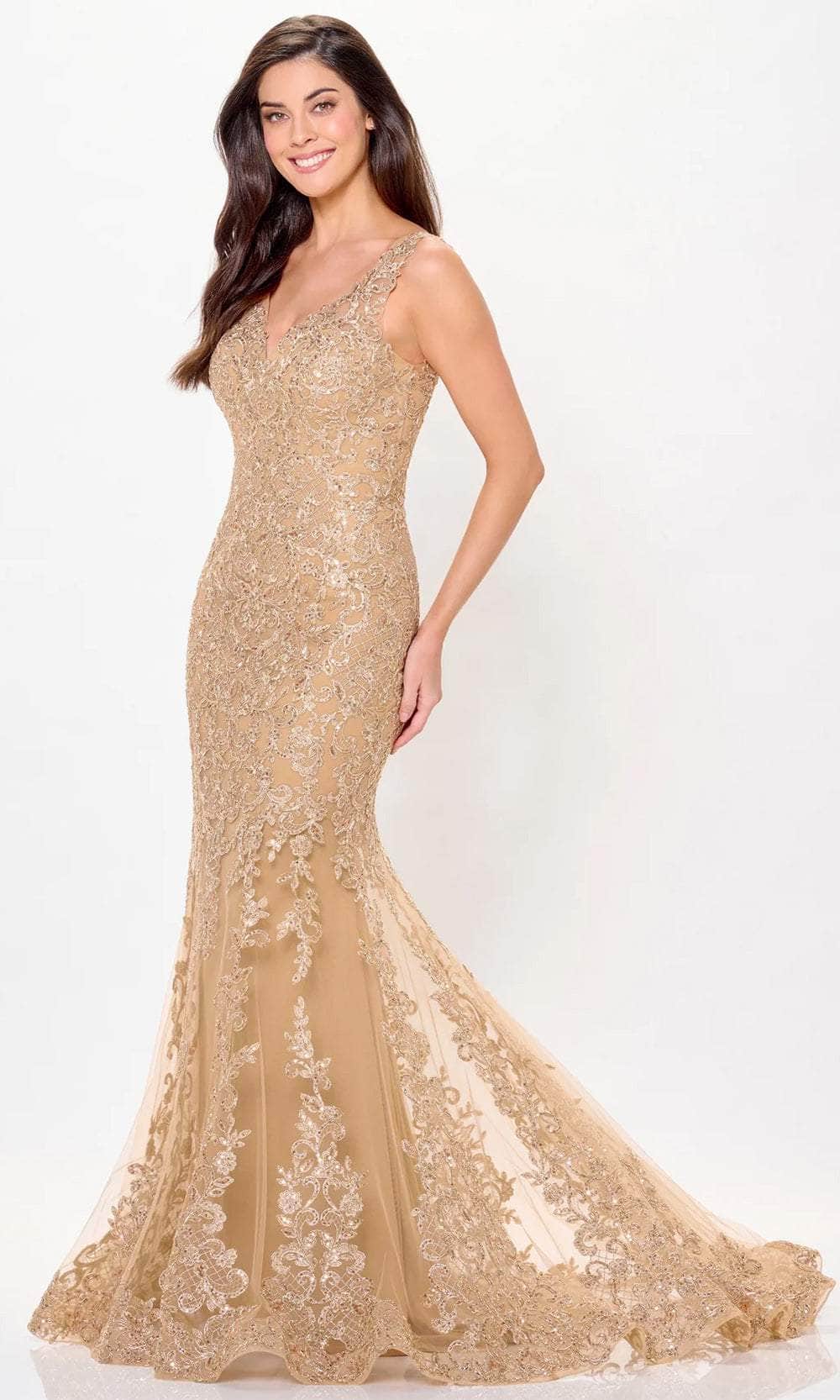 Luxurious Mermaid V-Neck Sleeveless-Zip-Back Champagne Tulle Beaded Floor-Length Mother of the Bride Dresses