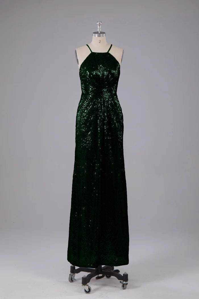 Luxurious Sheath Halter-Neck Sequin Cross-Back Floor-Length Bridesmaid Dresses
