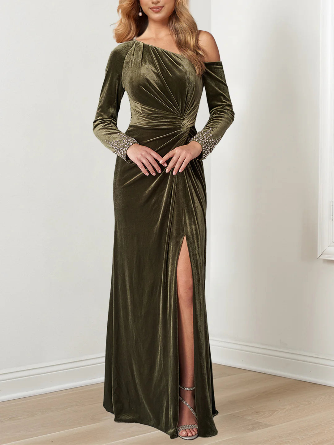 Luxurious Sheath One - Shoulder Long - Sleeve Zipper Back Floor - Length Evening Gown