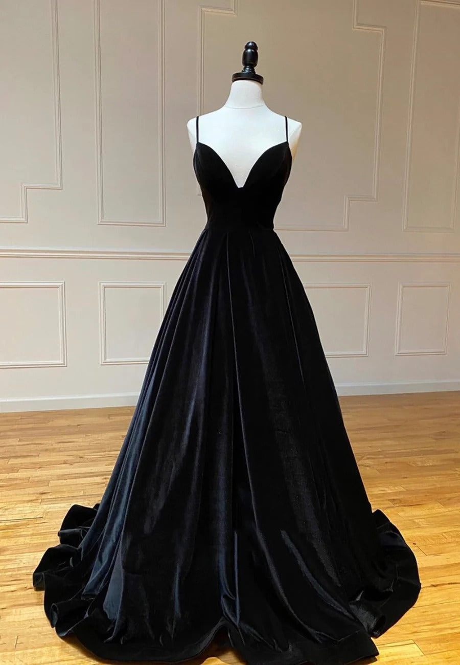 Luxurious A-Line Deep V-Neck Lace-Up Black Velvet Prom Dresses