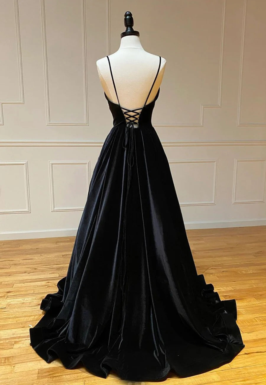 Luxurious A-Line Deep V-Neck Lace-Up Black Velvet Prom Dresses