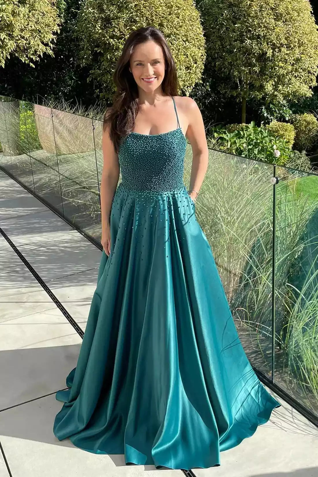 Luxurious A-line Spaghetti-Strap Beaded-Bodice Lace-up-Back Floor-Length Formal Gown