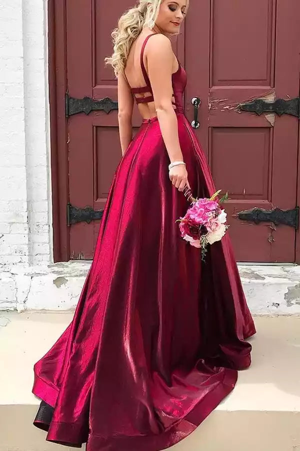 Luxurious Burgundy Satin Ballgown with Spaghetti Straps & Cut-Out Back