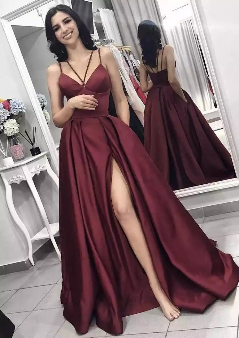 Luxurious Burgundy Satin Gown with Beaded Straps & High Side Slit