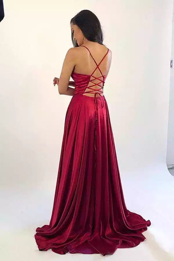 Luxurious Burgundy Satin Gown with Crisscross Back & High Slit