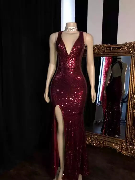 Luxurious Burgundy Sequin Mermaid Gown with Plunging V-Neck & Open Back