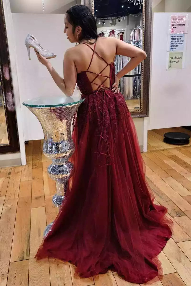 Luxurious Burgundy Tulle Gown with Lace Bodice & Crisscross Back