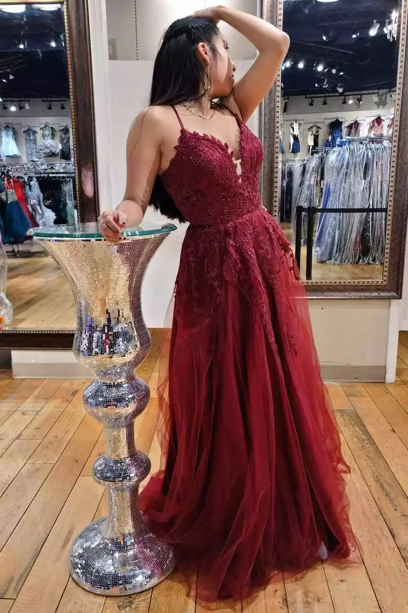 Luxurious Burgundy Tulle Gown with Lace Bodice & Crisscross Back