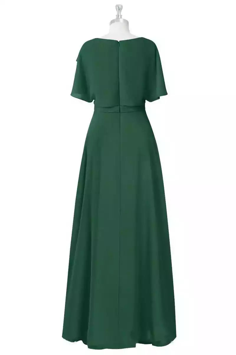 Luxurious Emerald Green Chiffon Gown with Flutter Sleeves & Asymmetrical Ruffle Skirt
