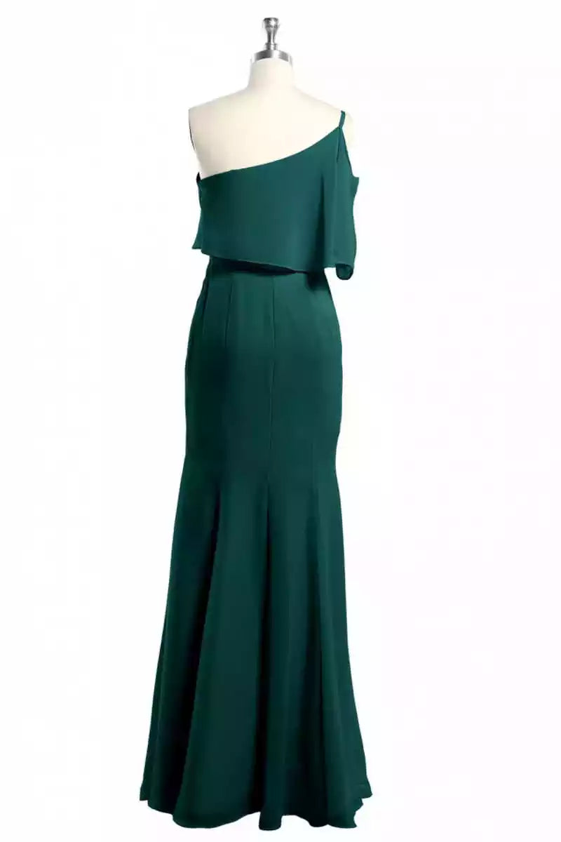 Luxurious Emerald Green Chiffon Gown with One-Shoulder Ruffled Overlay & Mermaid Silhouette