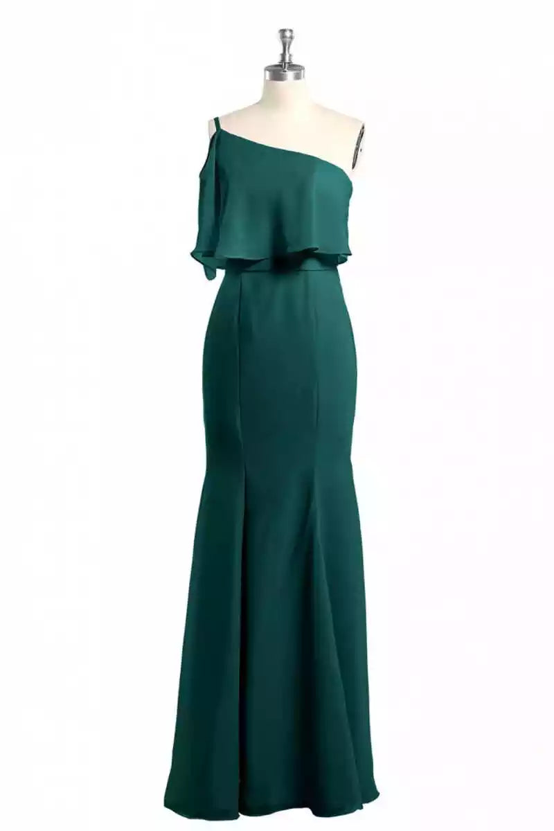 Luxurious Emerald Green Chiffon Gown with One-Shoulder Ruffled Overlay & Mermaid Silhouette