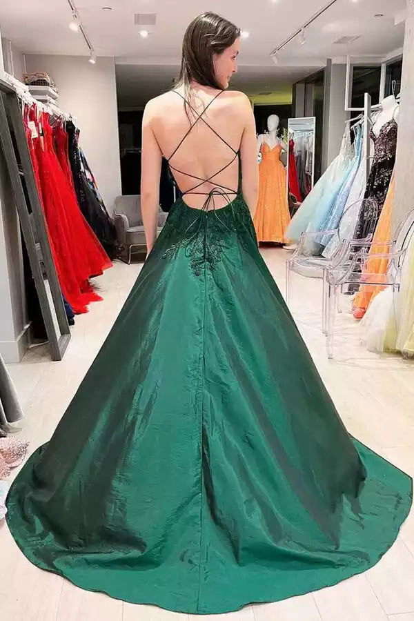 Luxurious Emerald Green Lace & Satin Gown with Crisscross Back & Ballgown Silhouette