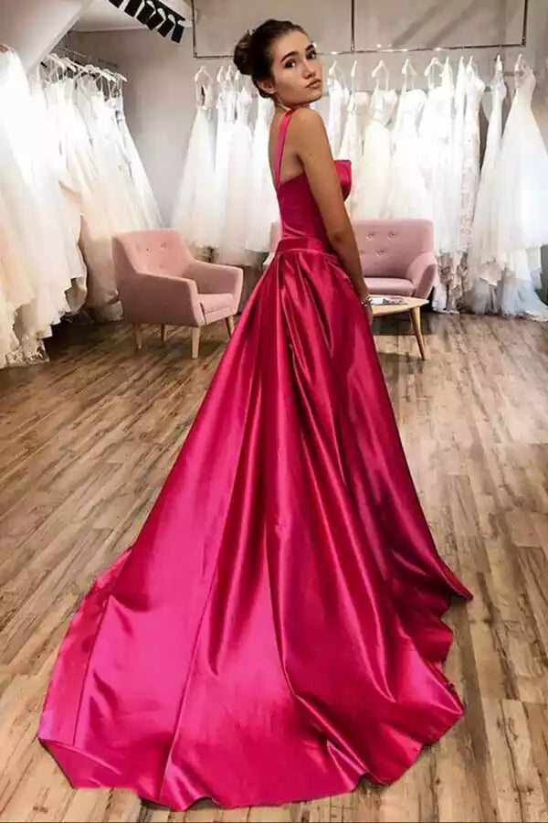 Luxurious Fuchsia Satin Ballgown with Square Neckline