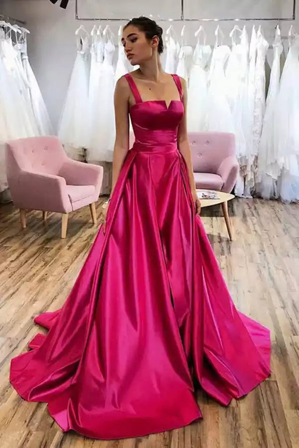 Luxurious Fuchsia Satin Ballgown with Square Neckline
