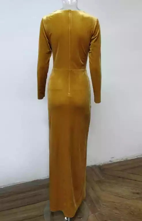 Luxurious Mustard Velvet Long-Sleeve Gown with Plunging V-Neck & High Slit