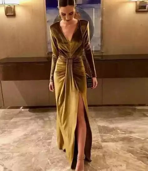 Luxurious Mustard Velvet Long-Sleeve Gown with Plunging V-Neck & High Slit
