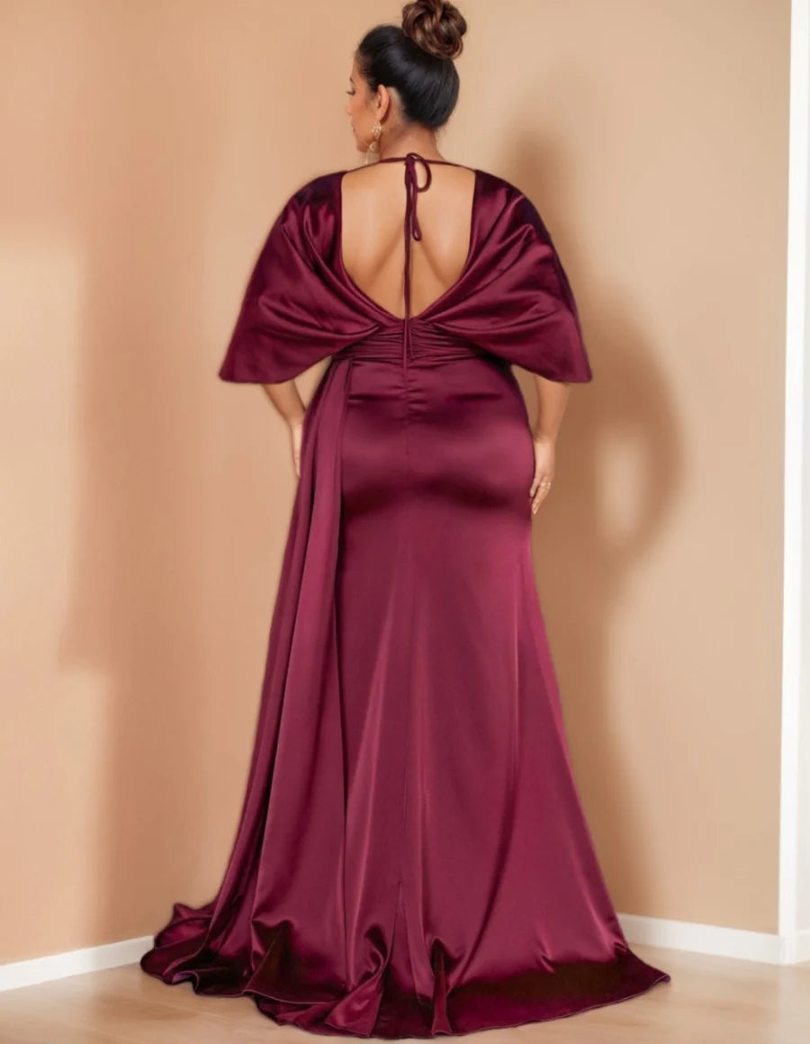 Luxurious Plunging V-Neck Dolman Sleeve Satin Mermaid Evening Dress with High Side Slit & Sweep Train