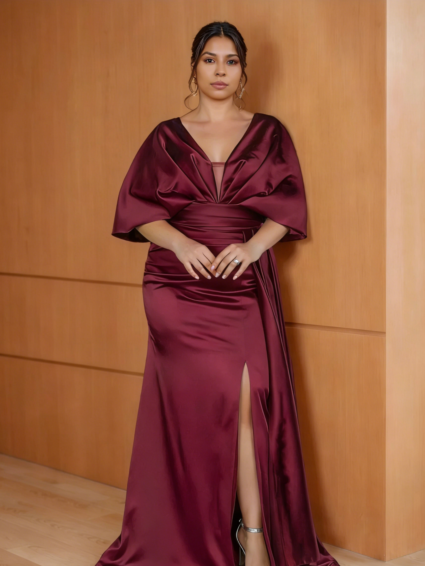 Luxurious Plunging V-Neck Dolman Sleeve Satin Mermaid Evening Dress with High Side Slit & Sweep Train