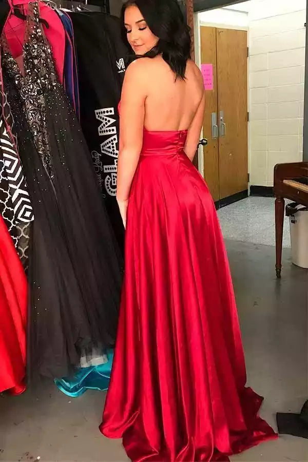 Luxurious Red Satin Halter Gown with Open Back & Thigh-High Slit