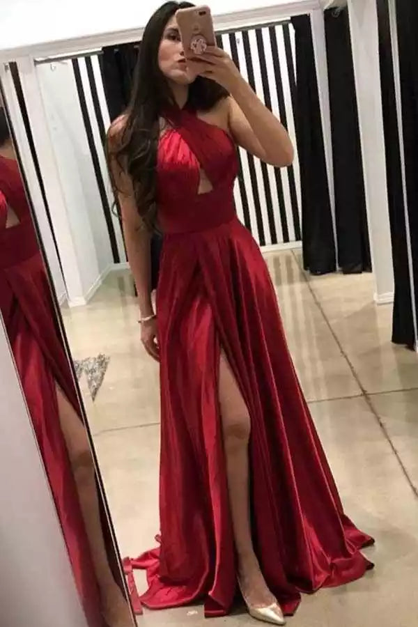 Luxurious Red Satin Halter Gown with Open Back & Thigh-High Slit