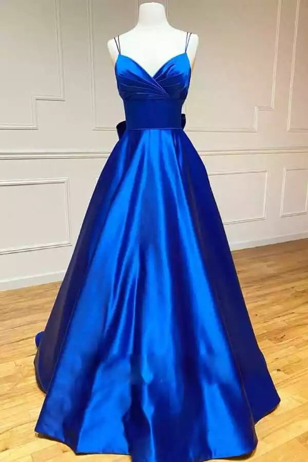Luxurious Royal Blue Satin Ballgown with Spaghetti Straps & Back Bow Detail