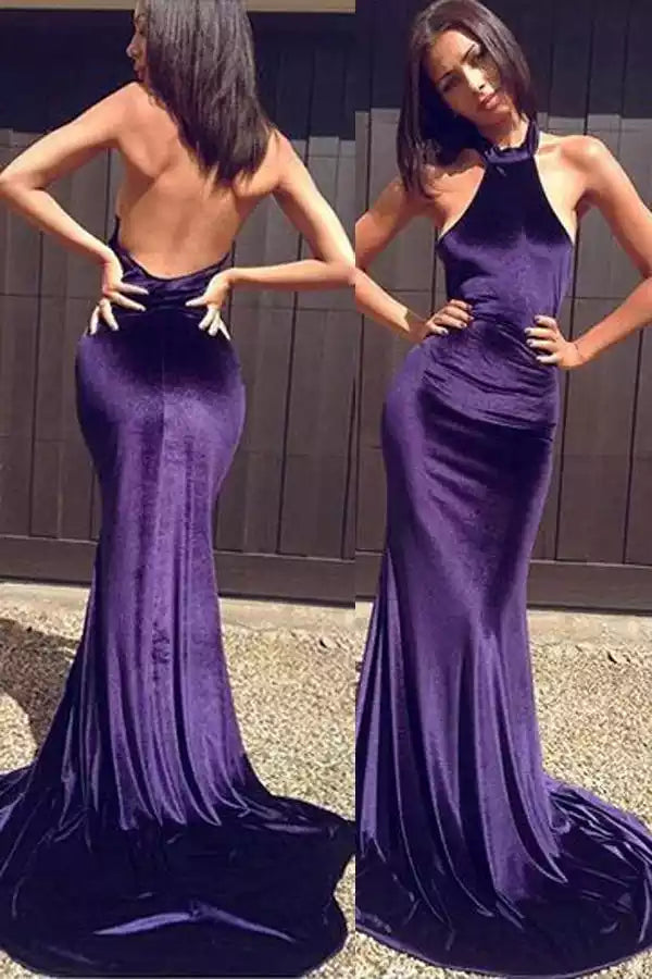 Luxurious Royal Purple Velvet Halter Gown with Open Back