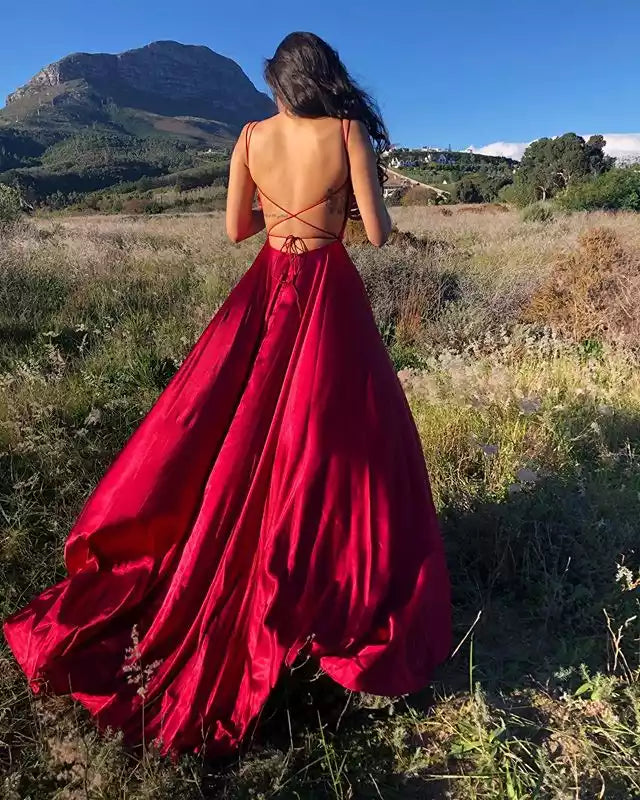 Luxurious Ruby Red Satin Ballgown with Crisscross Back & High Slit