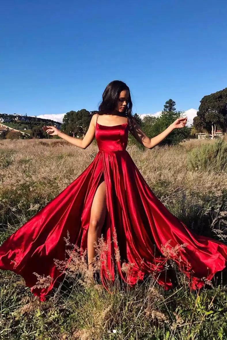 Luxurious Ruby Red Satin Ballgown with Crisscross Back & High Slit
