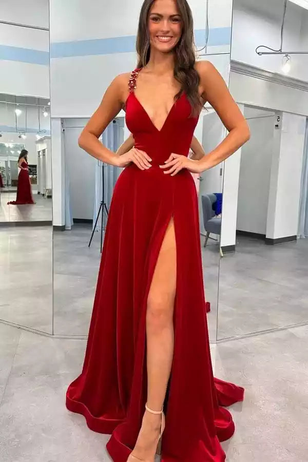 Luxurious Ruby Red Velvet Gown with Crisscross Back & High Slit