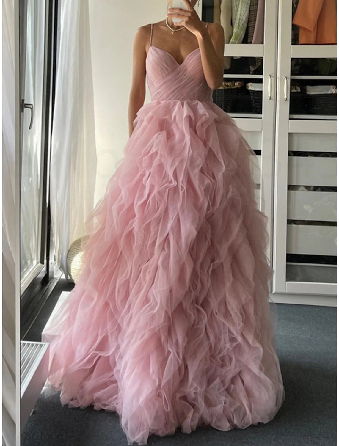 Luxury A-Line/Princess V Neck Spaghetti Straps V back Floor-Length Evening Dress