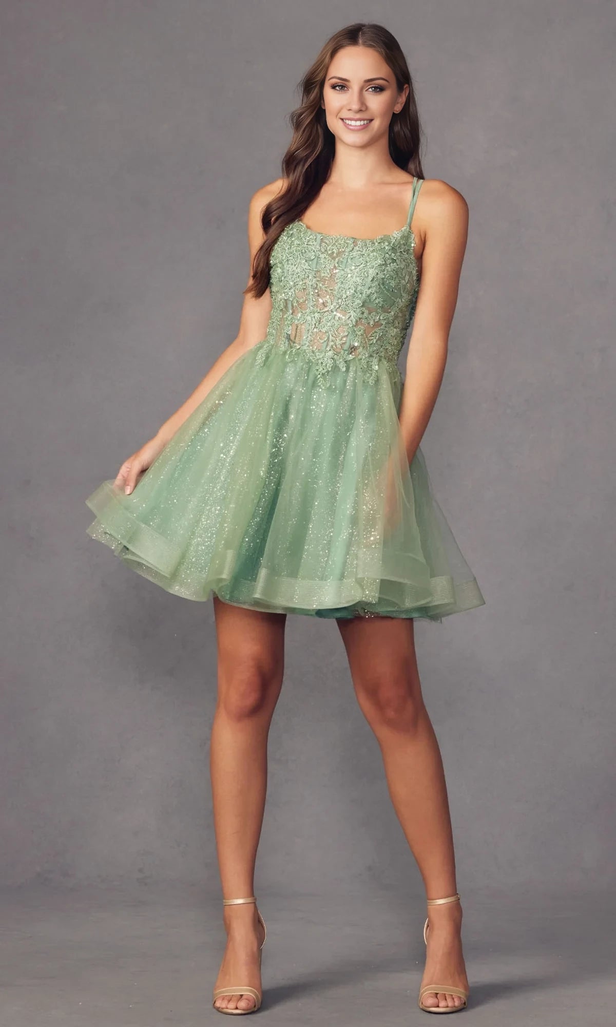 Luxury A-Line Spaghetti Straps Sleeveless Crisscross Back Short-Mini Ball Gown Homecoming Dress